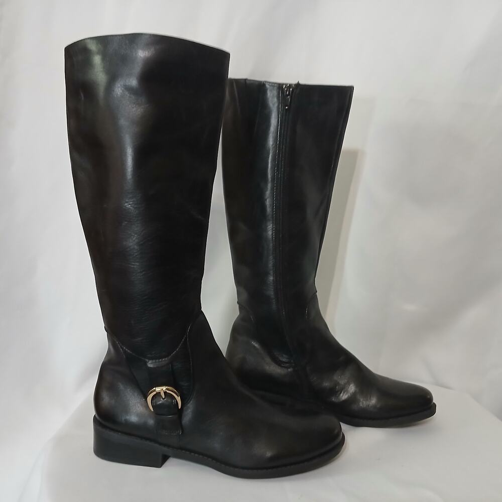 Womens Black Leather Knee High Zippered Boots Vntg Brass Buckle DeeDee Size 10